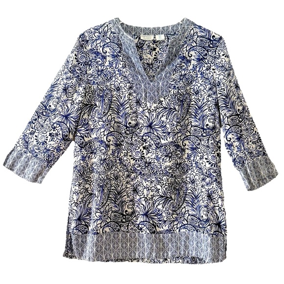 100% Linen Sigrid Olsen Blue Floral Paisley Tunic 3/4 Sleeve Size Small - Picture 1 of 6